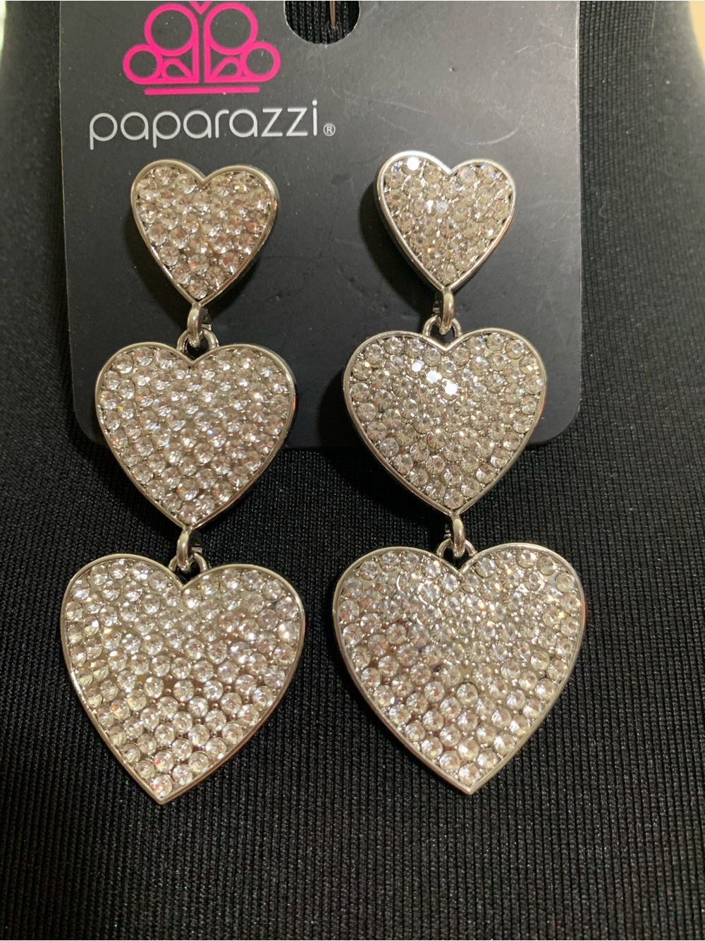 Paparazzi Silver Crystal Triple Heart Dangle Earrings